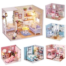 Doll House Accessories CuteBee Diyhouse Miniature met meubels LED MUZIEK Dust Cover Model Bouwstenen speelgoed voor kinderen Casa de Boneca 230307