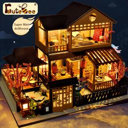 Accesorios para casa de muñecas Cutebee Super Mini Casa de muñecas de madera Mini Sakura Garden House Muebles Kit de construcción Juguetes para niños Regalos 230307