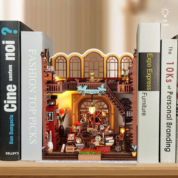 Accesorios de la casa de muñecas Kit de esquina de libro de bricolaje con luces LED 3D Puzzle de madera Soporte de libro creativo Insertado en el modelo Modelo de decoración de la casa de muñecas Processl2405