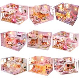 Accessoires de maison de poupée bricolage Casa en bois Kits de construction miniatures chambre de princesse rose maison de poupée avec meubles lumière Villa jouets pour filles cadeaux 231012