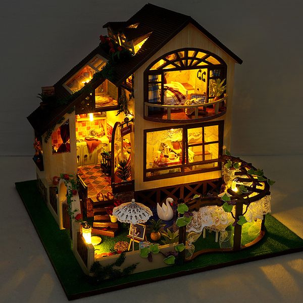 Accesorios para casa de muñecas Kit de casa de bricolaje Apartamento Loft Casas en miniatura de madera con muebles Luces LED para niños Regalo de cumpleaños 221122