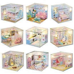 Doll House Accessories Diy Hut met Dust Cover Toys Kit Doll House Handmade Handmatig Montage Model Furniture 3D HOUTEN MINIATUUR DOPHOUSE TOYS 230417