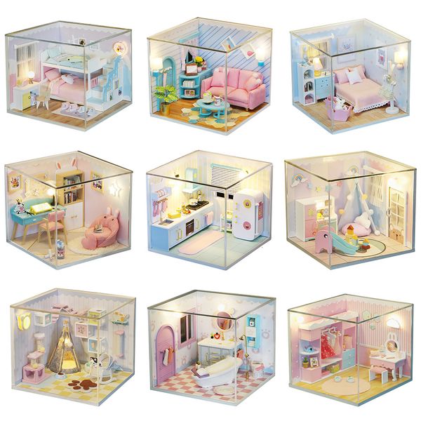 Accessoires de maison de poupée bricolage cabane avec housse anti-poussière Kit de jouets maison de poupée à la main assemblage manuel modèle meubles 3D en bois miniature maison de poupée jouets 230424