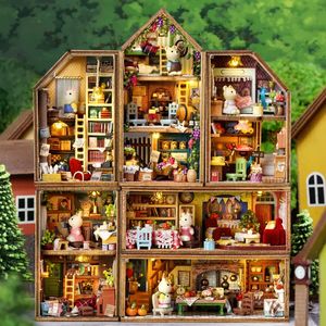 Accessoires de maison de poupée bricolage Mini ville de lapin Casa maisons en bois kits de construction miniatures avec meubles maison de poupée jouets pour filles cadeaux d'anniversaire 231012