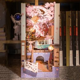 Poppenhuis accessoires diy houten boek nook plank insert kits miniatuur kersen bloesem boekenhaalt Japanse poppen huizen speelgoed boekenplank geschenken home decor 230422