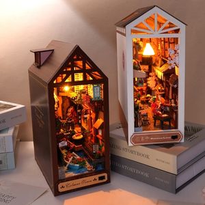 Accessoires de maison de poupées Kit d'insertion d'étagère de coin de livre en bois bricolage scène de rue miniature après la pluie serre-livres étagère japonaise artisanat fait à la main cadeaux pour adultes 230503