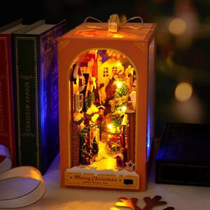 Accessoires de maison de poupée DIY Livre en bois Nook Étagère Insert Kit Miniature Joyeux Noël Étagère Cottage du Père Noël Maison de poupée Serre-livres Jouets Amis Cadeaux 230422
