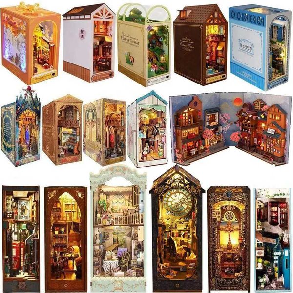 Accesorios de casa de muñecas Diy Libro de madera Nook Insertar Kit Miniature Fairy Tale Town Bookshelf Forest Househouse Bookend Juguetes Girls Regalos de Navidad Q240522