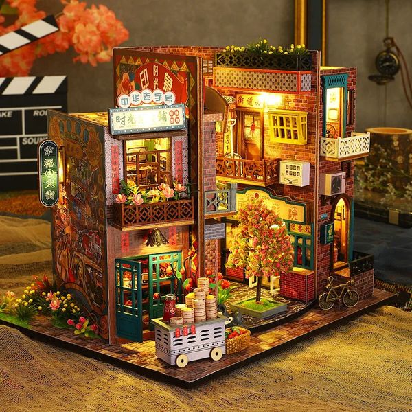 Accesorios para casas de muñecas Kit de inserción de estante de rincón de libros de madera para bricolaje Sujetalibros chinos con vista a la calle Kits de construcción en miniatura Estantería Casas de muñecas Regalos para amigos 231018