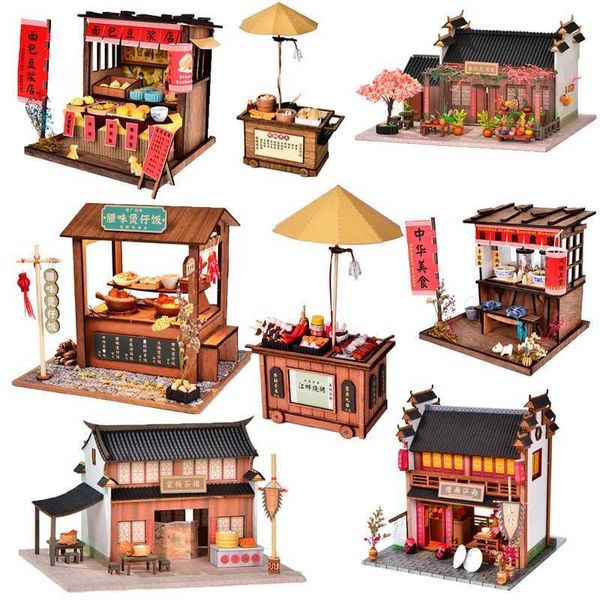 Accessoires de maison de poupée diy maison de poupée en bois kit de construction chinois kit de construction barbecue petit déjeuner boutique de poupée avec des lumières meubles toys q240522