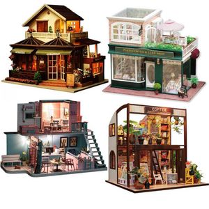 Poppenhuis accessoires diy houten poppen huizen coffeeshop casa minor building kits met meubels led lights villa speelgoed voor volwassenen verjaardagscadeaus q240522