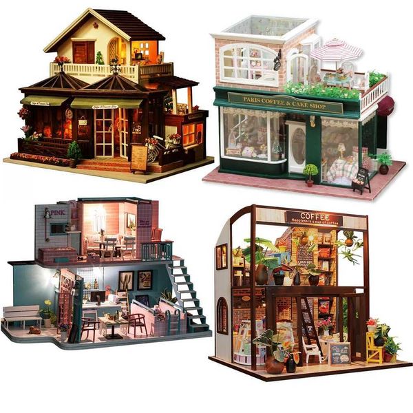 Accessoires de maison de poupée bricolage en bois poupées maisons Coffee Shop Casa Kits de construction mineurs avec meubles LED Villa Toys for Adults Cadeaux d'anniversaire Q240522