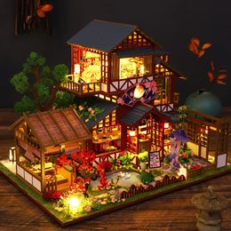 Poppenhuisaccessoires Diy Houten Poppenhuis Miniatuur Bouwpakket Huizen met Meubilair Japanse Casa Handgemaakt Speelgoed voor Meisjes Geschenken 231012