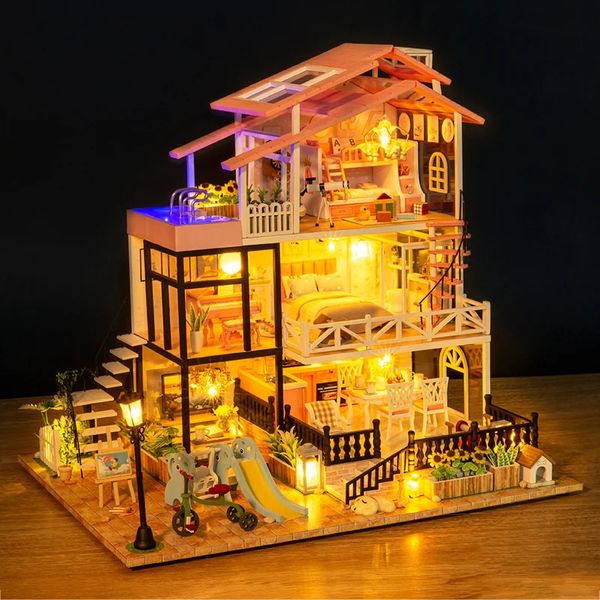 Accesorios para casas de muñecas DIY Casa de muñecas de madera Casa en miniatura con kit de muebles Modelo Loft rosa Casas de muñecas Ensamblar juguete para niños Regalos de Navidad 231114