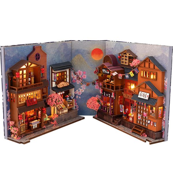 Accessoires de maison de poupée bricolage en bois japonais magasin livre coin étagère insert kits maison de poupée miniature avec meubles fleurs de cerisier serre-livres jouets cadeaux 230323
