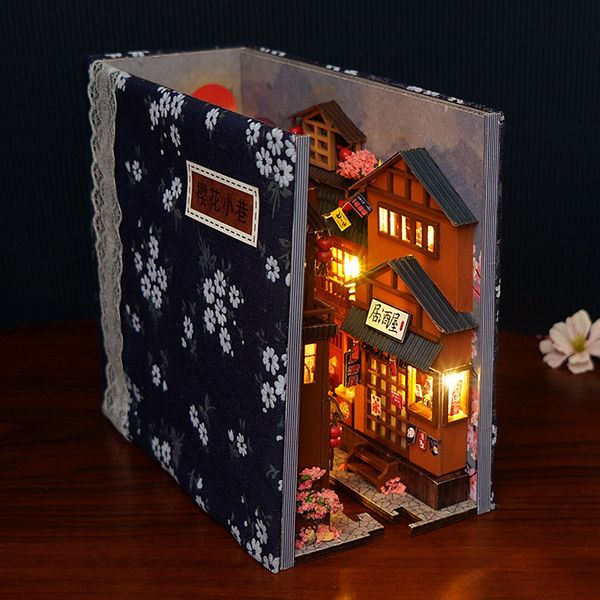 Accessoires de maison de poupée bricolage en bois japonais magasin livre coin étagère insert kits maison de poupée miniature avec meubles fleurs de cerisier serre-livres jouets cadeaux 230422