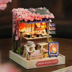Poppenhuis accessoires diy houten mini casa poppen huizen miniatuur bouwkits met meubels geleid sakura noedels winkel poppenhuis speelgoed voor aldults cadeaus q240522