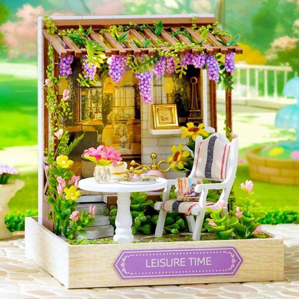 Accessoires de maison de poupée diy en bois mini casa mini kit de construction de l'après-midi shople de thé maison avec meuble LED Light Doll house Q240522