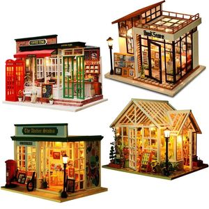 Accessoires de maison de poupée bricolage Kit de construction miniature en bois maisons avec meubles gâteau de fleurs Casa maison de poupée jouets faits à la main pour les filles cadeaux de noël 231012