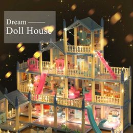 Doll House Accessories Doll House 3d Assemblée Diy Mini Model Childrens Cross House Villa Princess Castle LED Light Girl Gird Anniversaire Gift Toy Housel2405
