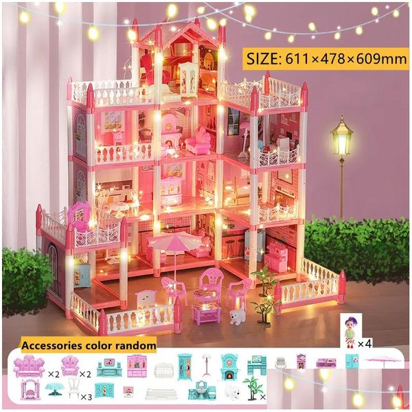 Accessoires de maison de poupée Accessoires de maison de poupée Maisons 3D assemblées bricolage miniatures maison de poupée villa château de princesse avec lumière LED fille B Dhdsi