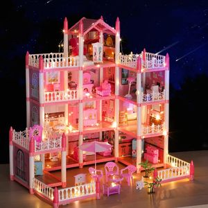 Accessoires pour maison de poupée Maisons de poupée 3D assemblé bricolage miniatures accessoires de maison de poupée Villa château de princesse avec lumière LED fille cadeau d'anniversaire maison de jouet 231114