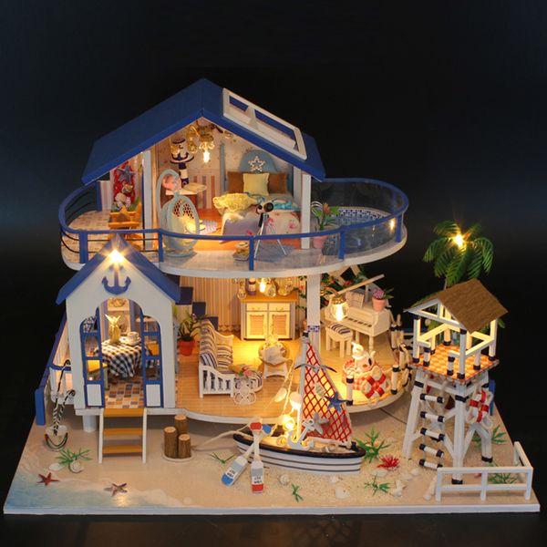 Accesorios para casa de muñecas Casa de muñecas Miniatura DIY Kit de casa de muñecas de madera con muebles con luz LED Leyenda del mar azul para niñas Regalos de cumpleaños 230905