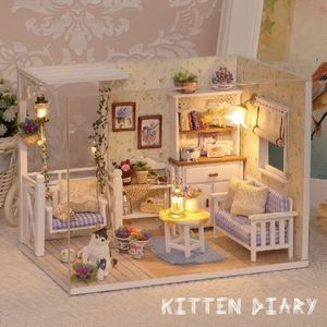 Doll House Accessories Kitten Mini Model Building Kit Assembled Home Creative Room Bedroom Decoration with Furniture DIY Ha 231012