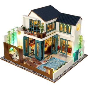 Accessoires de maison de poupée nouvelle maison de poupée en bois bricolage mini meubles avec kit d'éclairage LED jiangan construction house de poupée