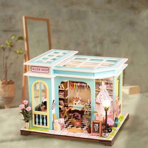 Accessoires de maison de poupée Nouveau bricolage en bois miniature kits de construction de tailleur shop de tailleur Casa Doll Houses avec meubles Light Dollhouse for Adults Birthday Gifts Q240522