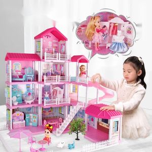Doll House Accessories Princess Villa DIY Dollhouses Pink Castle Play With Slide Yard Kit Assembled Doll House Toy Birthday Year Gift 231019