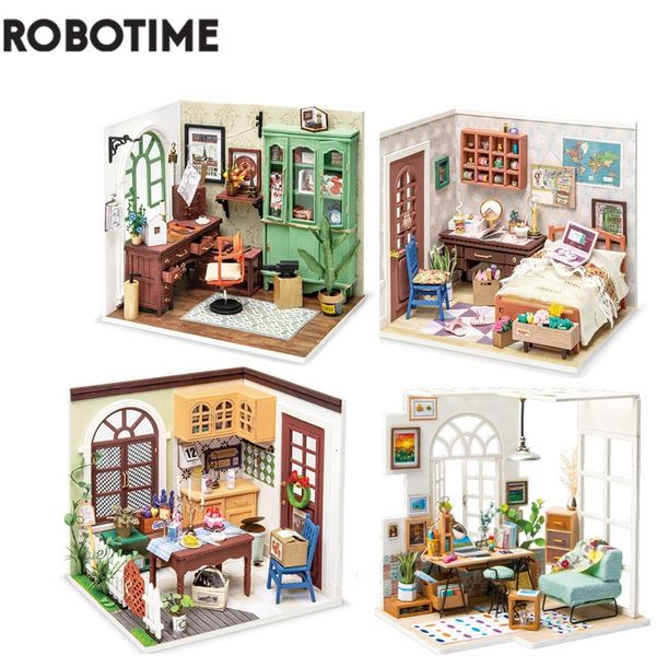 Accessoires de maison de poupée Robotime DIY Studio Chambre Salle à manger Maison avec meubles Enfants Adulte Maison de poupée Maison de poupée miniature Kits en bois Jouet DGM 230323