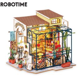 Accesorios de casa de muñecas Robotime Rolife Diy Emily's Flower Shop House con muebles para niños Kits de madera de casa de muñecas en miniatura para adultos Toy DG145 230307