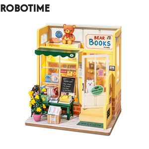 Poppenhuisaccessoires Robotime Rolife DIY Mind-Find Boekwinkel met meubilair Kinderen Volwassen Miniatuurhuis Houten bouwpakketten Speelgoed DG152 221122