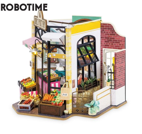 Accessoires de maison de poupée Robotime Rolife DIY Carl's Fruit Shop Maison de poupée avec meubles Enfants Adulte Miniature Dollhouse Kits en bois Jouet DG142 230629