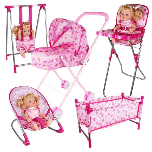 Maison de poupée accessoires Simulation poussette ensemble rose bébé semblant jouer jouets pépinière rôle meubles berceau chariot 231207