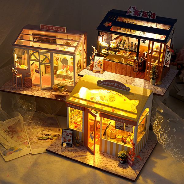 Accessoires de maison de poupée Kit de construction miniature en bois bricolage magasin de sushi magasin de gâteaux magasin de fleurs avec assemblage de meubles modèle maison de poupée enfants cadeau adulte 230905