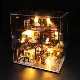 Doll House with Dust Cover Casa Miniature Bood Wood Dollhouse Miniatures Childre