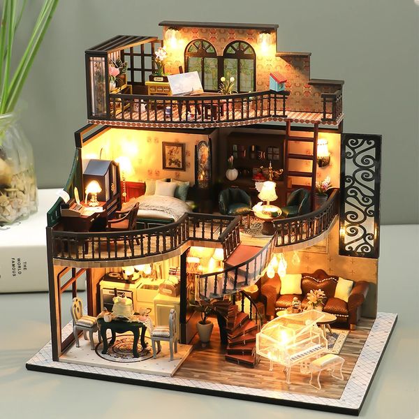 Maison de poupée avec cache-poussière casa Miniature bricolage maison de poupée en bois Miniatures enfants jouets fille cadeaux d'anniversaire diorama 1 24 M2132z 240111