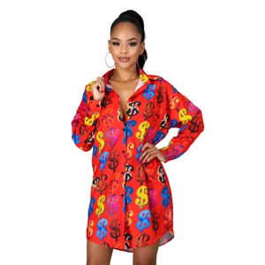 Dollar Print Shirt Jurken Vrouwen Designer Revers Hals Lange Mouwen Korte Mini Jurk Gratis Schip