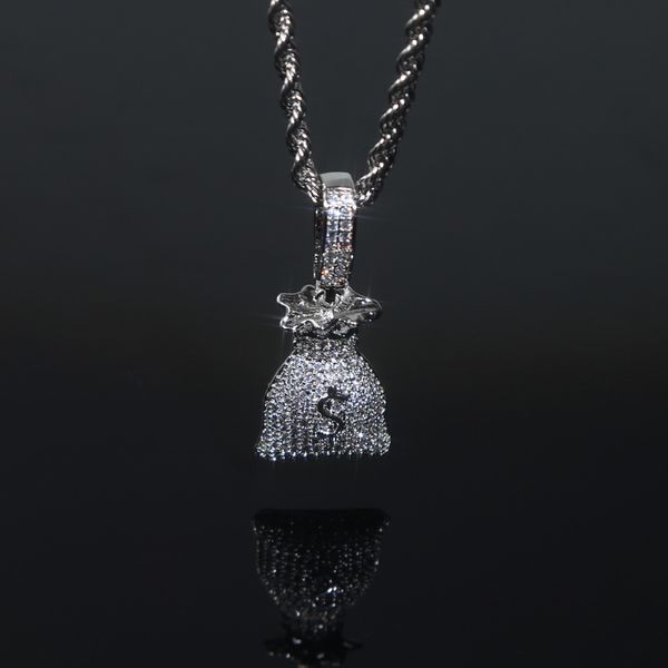 Signe du dollar Mini sac d'argent pendentif à breloque collier avec chaîne de corde Hip Hop femmes hommes entièrement pavé 5A zircon cubique patron hommes cadeau bijoux