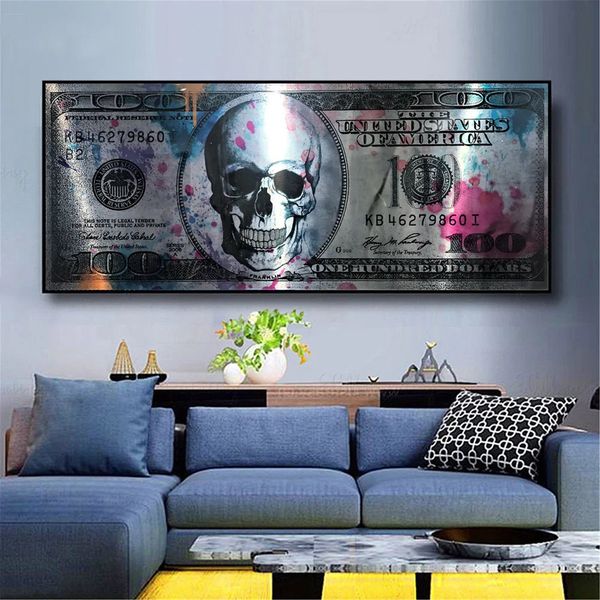 Dollar Skull Modern Art Canvas Affiche et imprimés Créatif Money 100 dollars Picture de décoration murale Peinture pour Liviung Room 240507