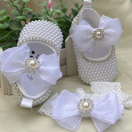 Dollbling handgemaakte witte parels bling strass babybedje schoenen doop outfit bruiloft Sparkle organza doopsel 0- schoenen 240115