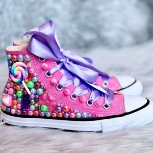 Dollling Random Lollipop Rainbow Diy Kids Pearls Sneakers Rhinestones 1st Birthday Tutu Party Candyland Girl Canvas Trainers L2405 L2405