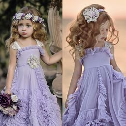 Dollcake Purple Flower Girl Dresses Ruffles Lace Tutu 2019 Boho Wedding Beach Vintage Vestidos de bebé para la Comunión 227Z