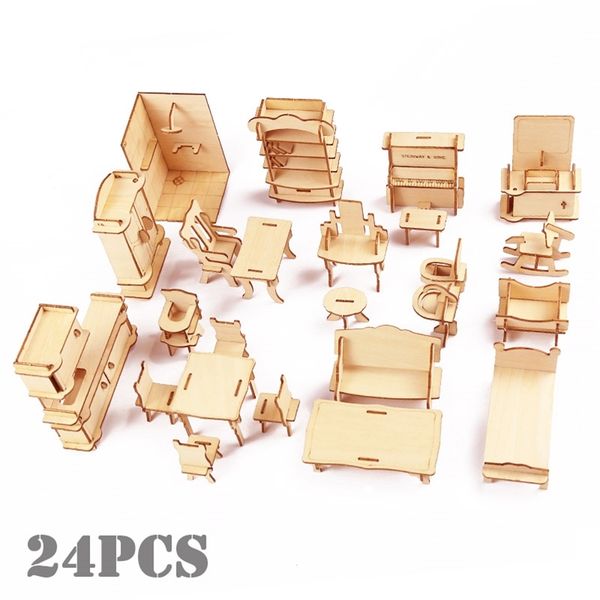 Muebles de casa de muñecas Conjuntos en miniatura Rompecabezas de madera 3D Decoración creativa Escala Modelo de construcción Regalos de juguete para niños Niña 220715