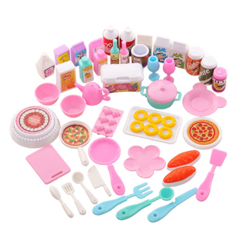 Dollhouse Miniature Kitchen Food for Barbie 43 pcs Dinner Set Fork Knif Plate Pizza Soup Tableware Kids Toys Doll Accessories