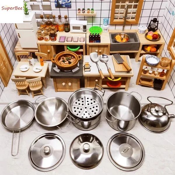 Muebles de cocina en miniatura para casa de muñecas, utensilios de cocina reales/estufa moderna/juego de utensilios de cocina para accesorios decorativos de cocina 231225