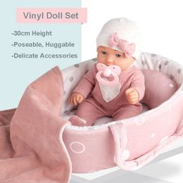 Poupées 12 ''/30 cm bébé poupée Playset dans une boîte cadeau avec accessoires rose sucette vinyle Reborn poupée jouet cadeau de noël pour fille garçon enfant 231110