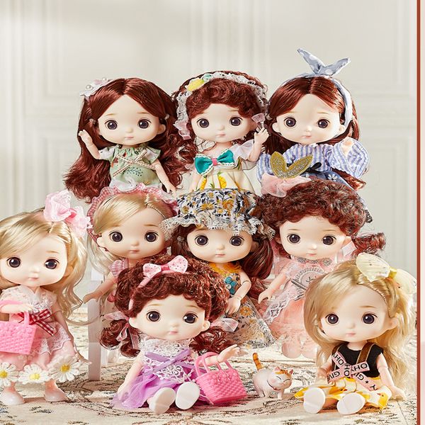 Muñecas BJD de cabeza grande de 17cm, 13 articulaciones movibles, bonito juguete de cara redonda, vestido de niña, maquillaje para niñas, regalo 230607